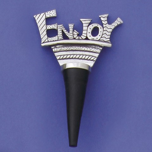 silver top with 3 dimensional word "Enjoy" black stopper part