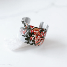 Load image into Gallery viewer, pinky, peachy, red flowers with green foliage printed on silver bracelet

