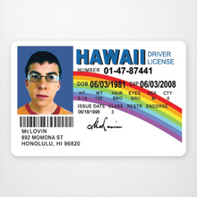 Load image into Gallery viewer, fake Hawaii id with rainbow and picture of a person 

