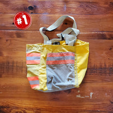 Load image into Gallery viewer, Fire Tote bag made from decommissioned fire gear, side view, bag is mostly yellow
