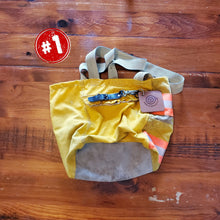 Load image into Gallery viewer, Fire Tote bag made from decommissioned fire gear, side view, yellow bag
