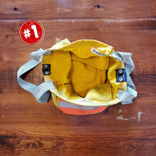 Load image into Gallery viewer, Fire Tote bag made from decommissioned fire gear, open view, bag is mostly yellow
