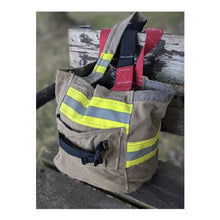 Load image into Gallery viewer, Fire Tote bag made from decommissioned fire gear, bag sitting on a bench
