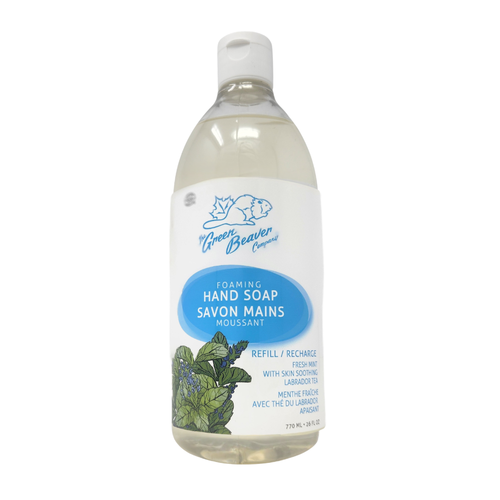 A 716 mL bottle of Green Beaver Natural Foaming Hand Soap refill, featuring a white label with blue text and illustrations of mint leaves, set against a plain white background.
