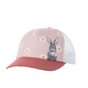 pink front panel with white & yellow daisies, a grey bunny on it's hind legs holding a flower