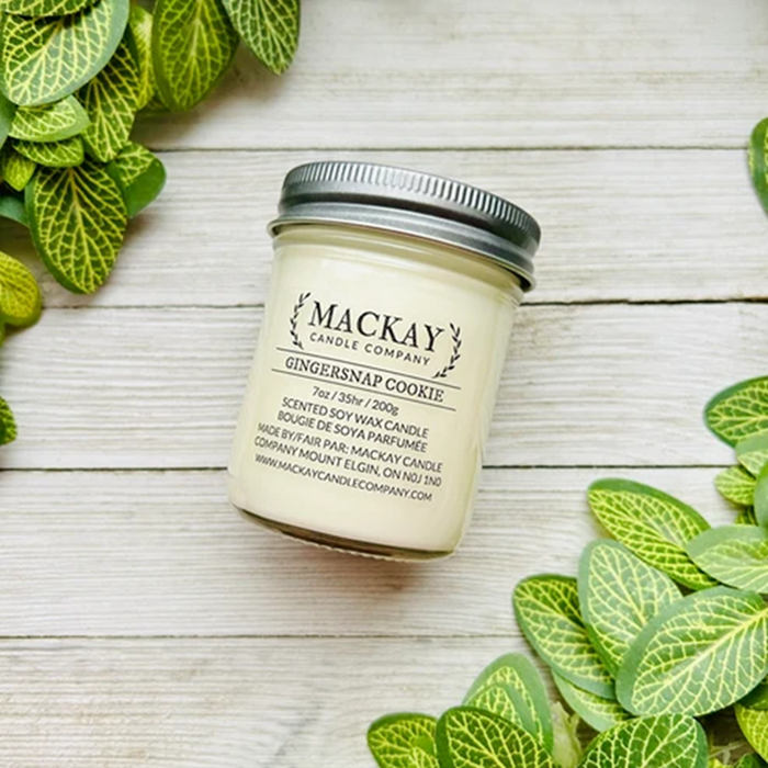 A jar of Mackay Candle Company Gingersnap Cookie scented soy wax candle, styled on a light wood background with green trailing plant leaves.