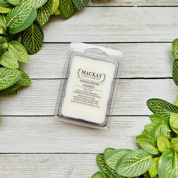 A wax melt package labeled 'MACKAY SCENTS COMPANY GINGERSNAP COOKIE' placed on a whitewashed wood surface, surrounded by green variegated leaves.