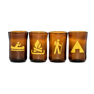 set of brown glass cups with yellow camping symbols on each