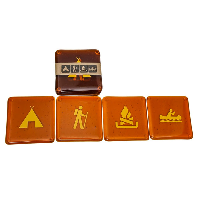 amber coloured glass iconic camping sign images such as tent, fire ect. images are yellow.