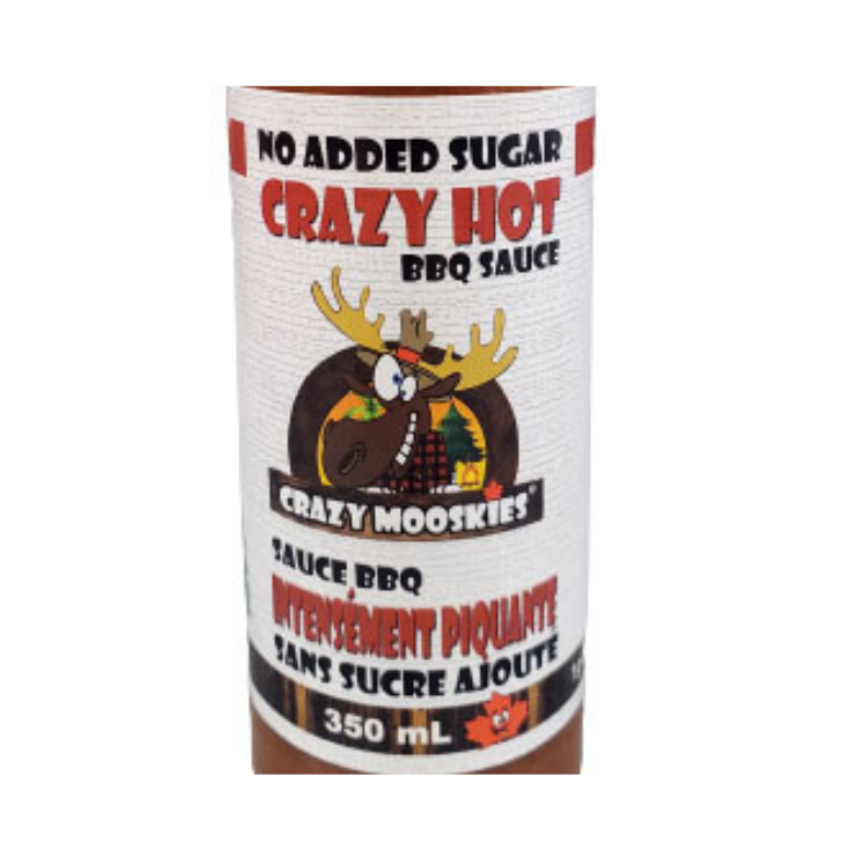 White label with red and black print and picture of a cartoon Moose head