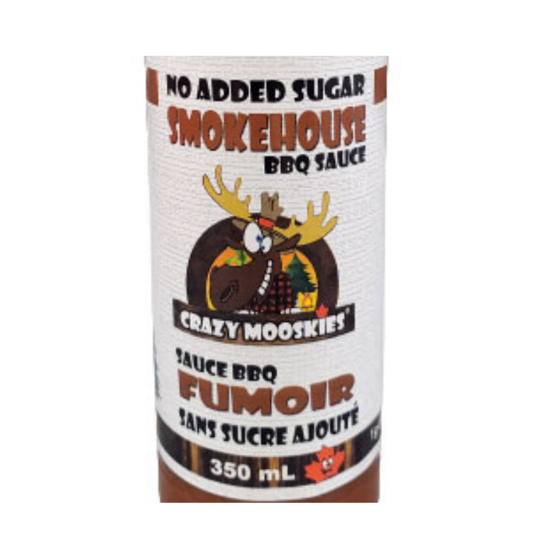 white label with brown and black print and cartoon picture of a Moose head