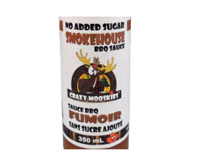 white label with brown and black print and cartoon picture of a Moose head