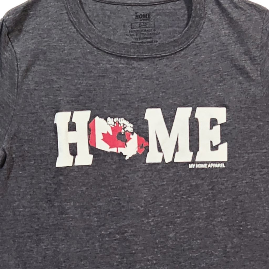Gray t-shirt with Canada 'HOME' design featuring a map of Canada and a maple leaf on a black background.