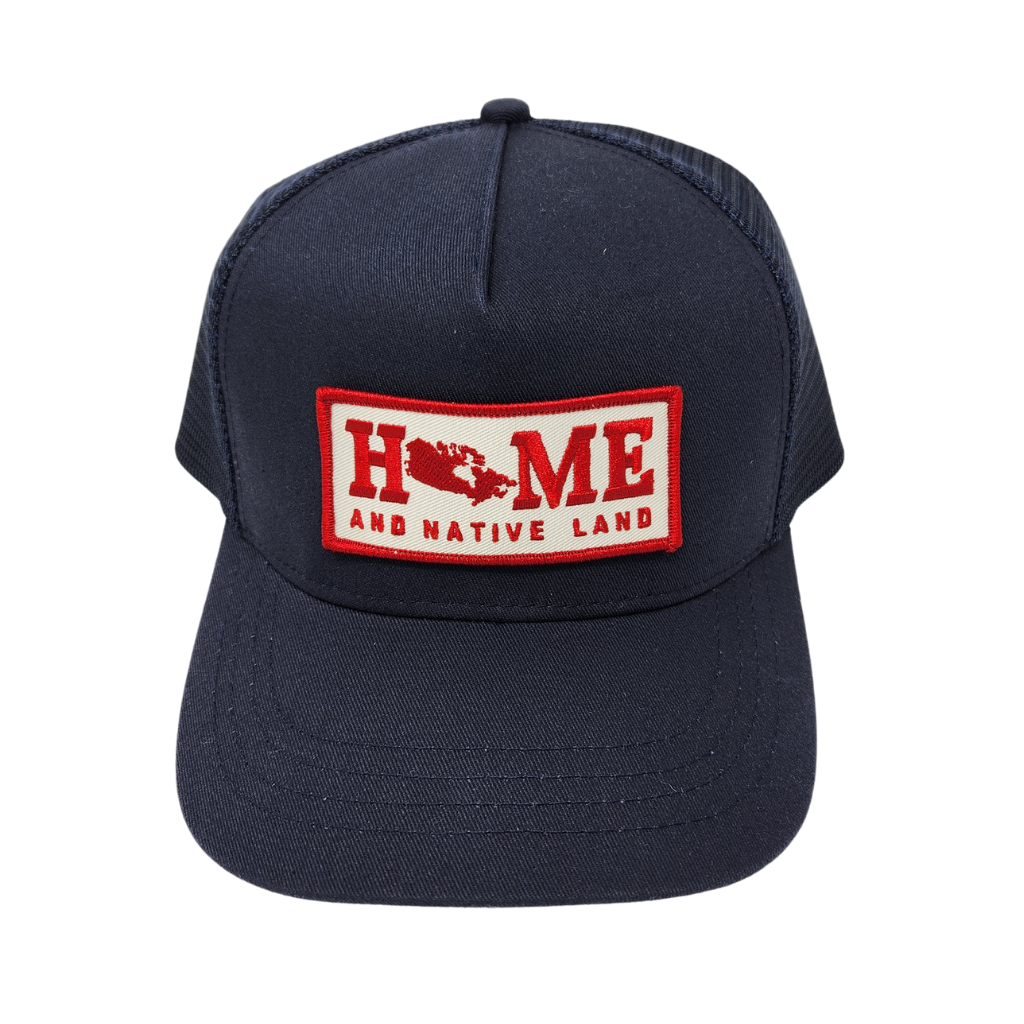 Navy blue cap with a red and white 'HOME AND NATIVE LAND' patch on a white background