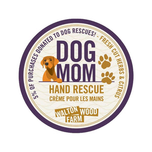 round label with purple print and picture of a dog and dog prints