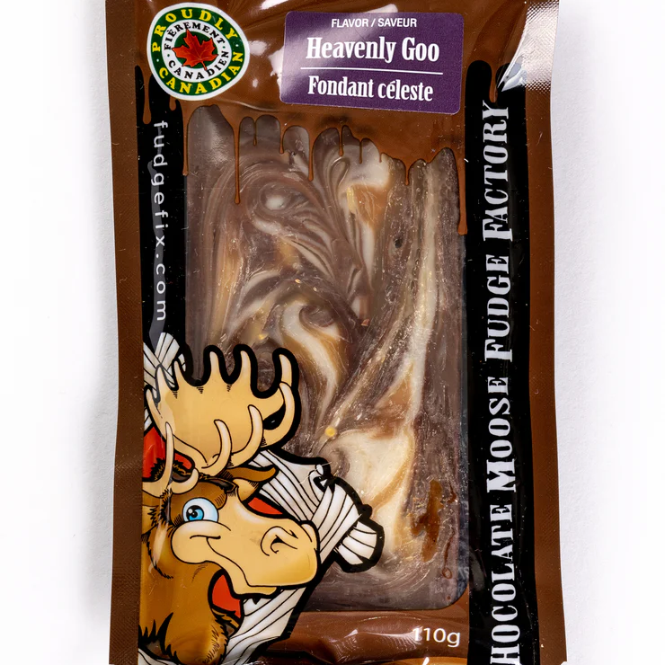 Chocolate Moose Fudge Factory packaging with a moose illustration on a white background