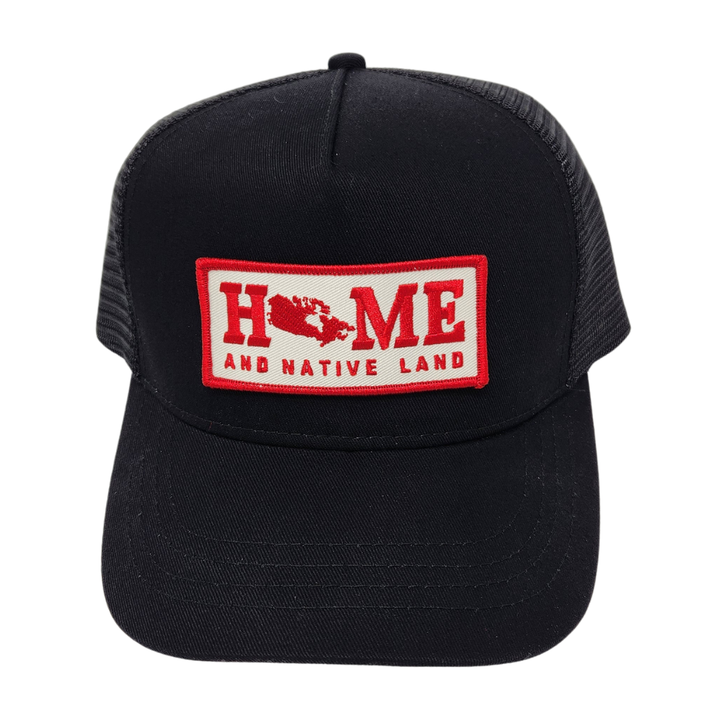Black cap with a red and white 'HOME AND NATIVE LAND' patch on a white background