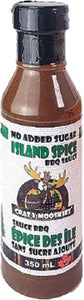 bottle with black plastic top and white label with green print and cartoon moose head
