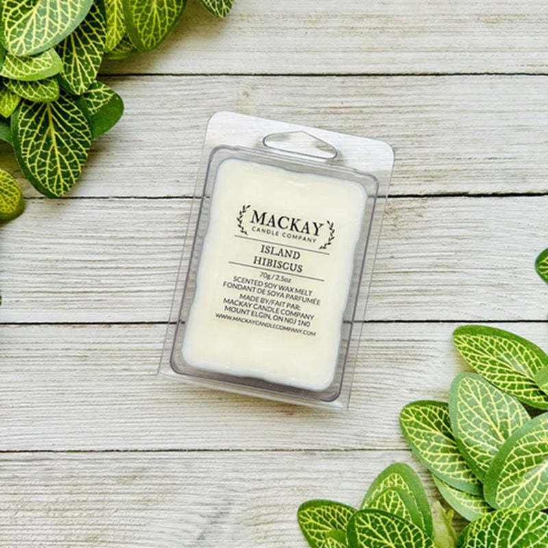Mackay Wax Melt Company wax melt packaging on a wooden surface with green leaves.