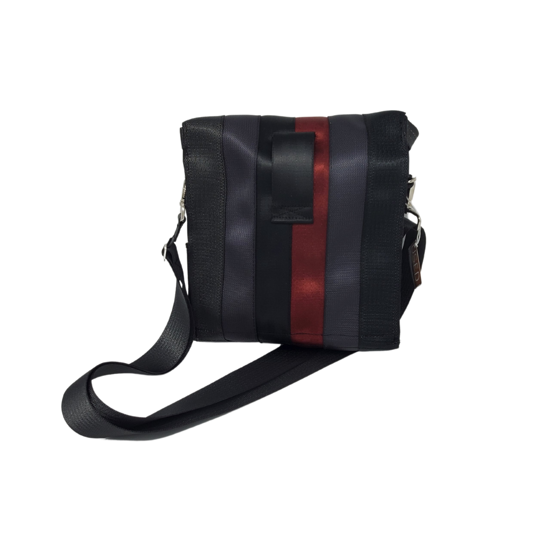 back view of bag made with different coloured seatbelts