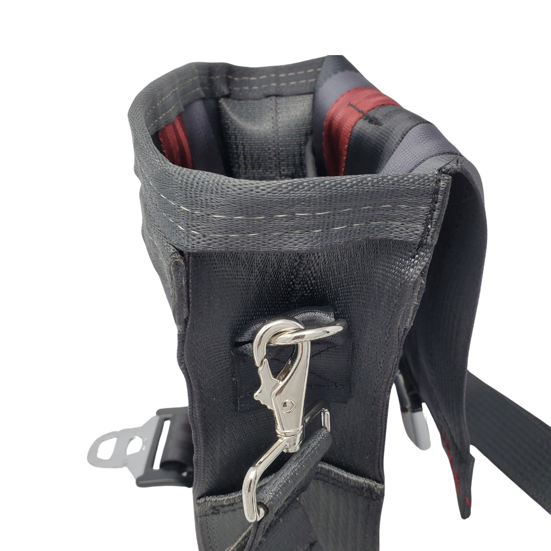 side view of bag made with different coloured seatbelts top open