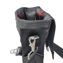 Load image into Gallery viewer, side view of bag made with different coloured seatbelts top open
