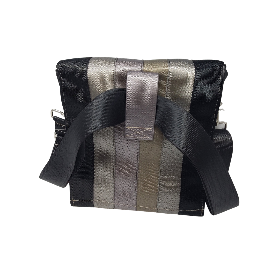 back view of bag made with different coloured seatbelts