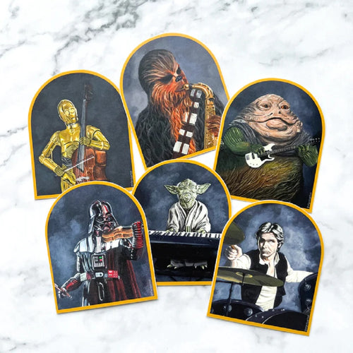 six star wars stickers with each character playing a musical instrument 