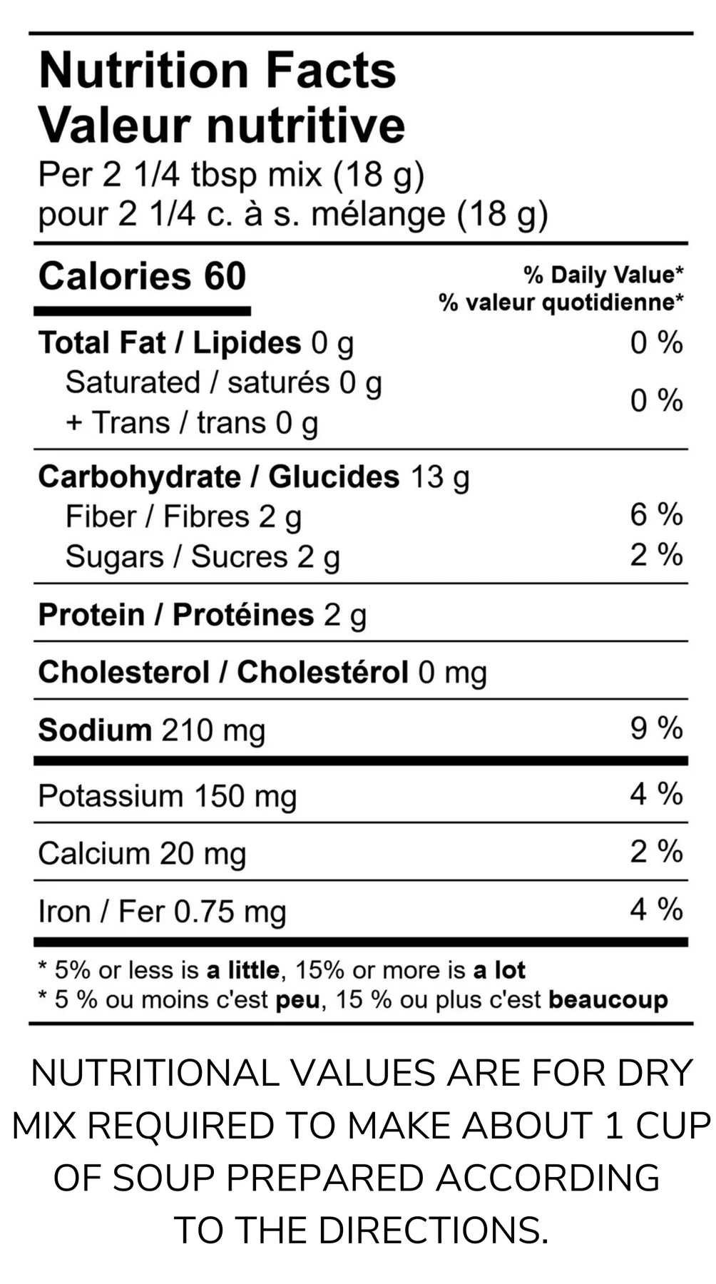 Nutrition facts label for a soup mix on a white background