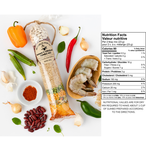 shrimp, yellow pepper, beans & more around  bag filled with spices & more beside nutrition facts