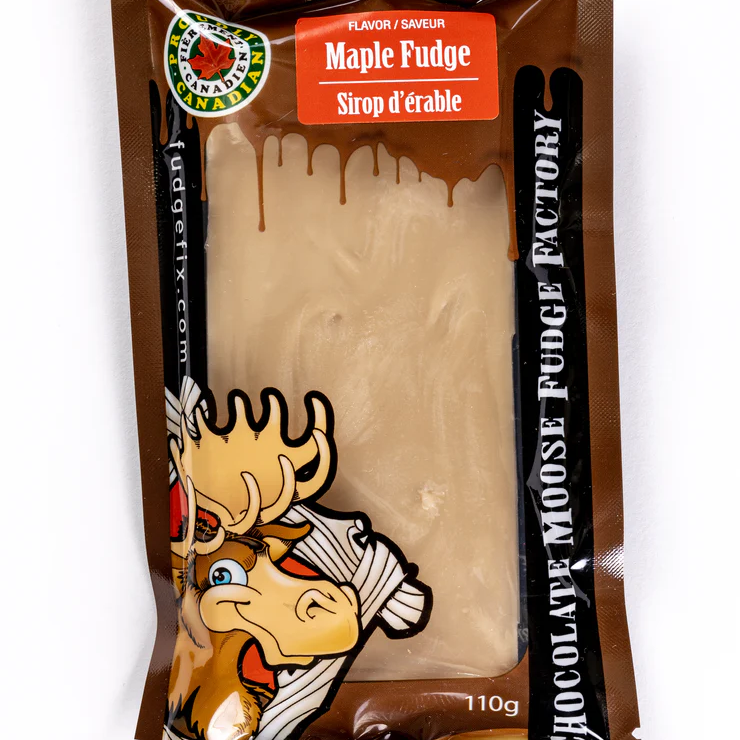 Chocolate Moose Pudge Factory maple fudge package on a white background