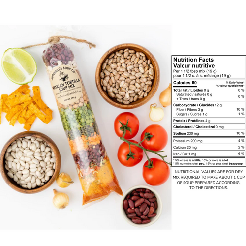 half lime, corn chips, beans, tomatoes around a bag with ingredients beside list of nutrition facts