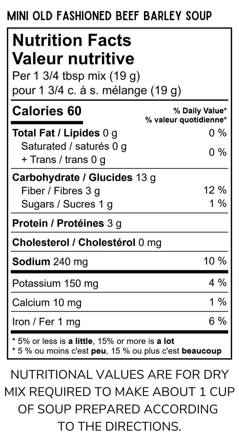 A Nutrition Facts label for Mini Old Fashioned Beef Barley Soup, showing the nutritional information per 1 3/4 tbsp mix, with text below stating nutritional values are for dry mix required to make about 1 cup of soup prepared according to the directions.