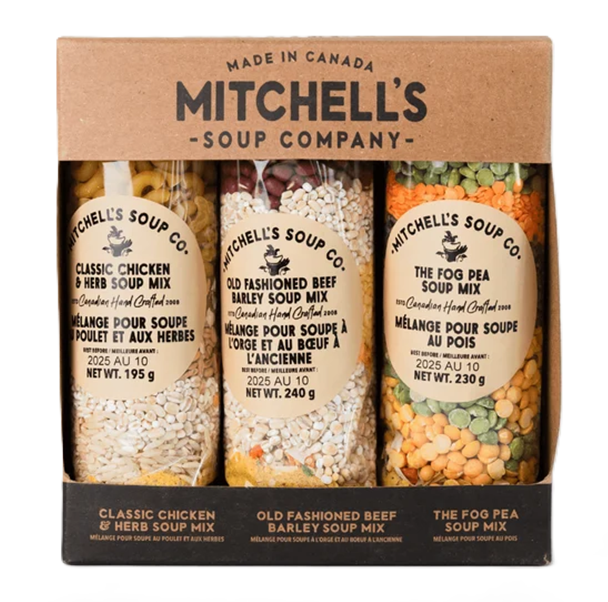 Mitchell's Soup Company 3-pack gift box containing Classic Chicken & Herb Soup Mix, Old Fashioned Beef & Bean Soup Mix, and The Foo Pea Soup Mix, in a kraft paper tray packaging.