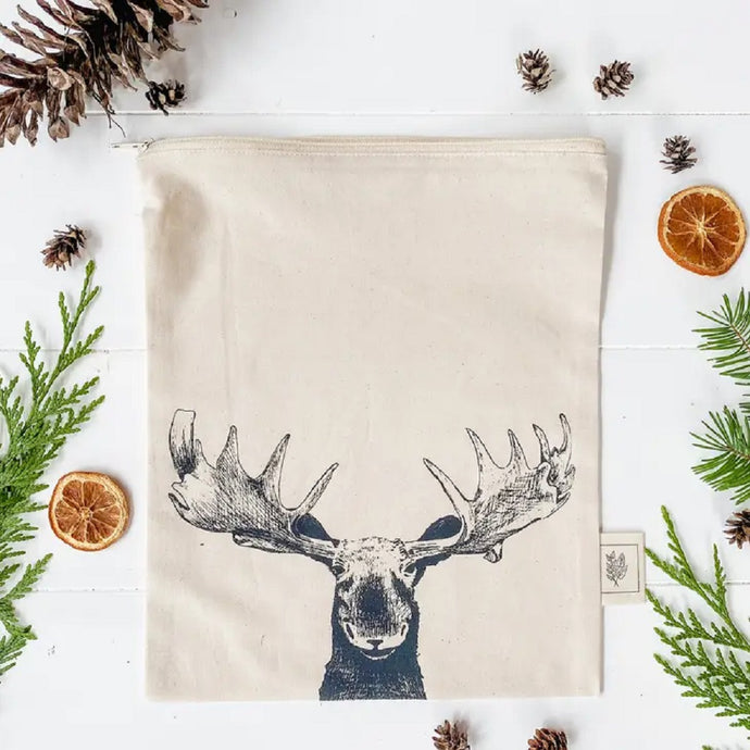 black ink front view moose face on a zippered bag