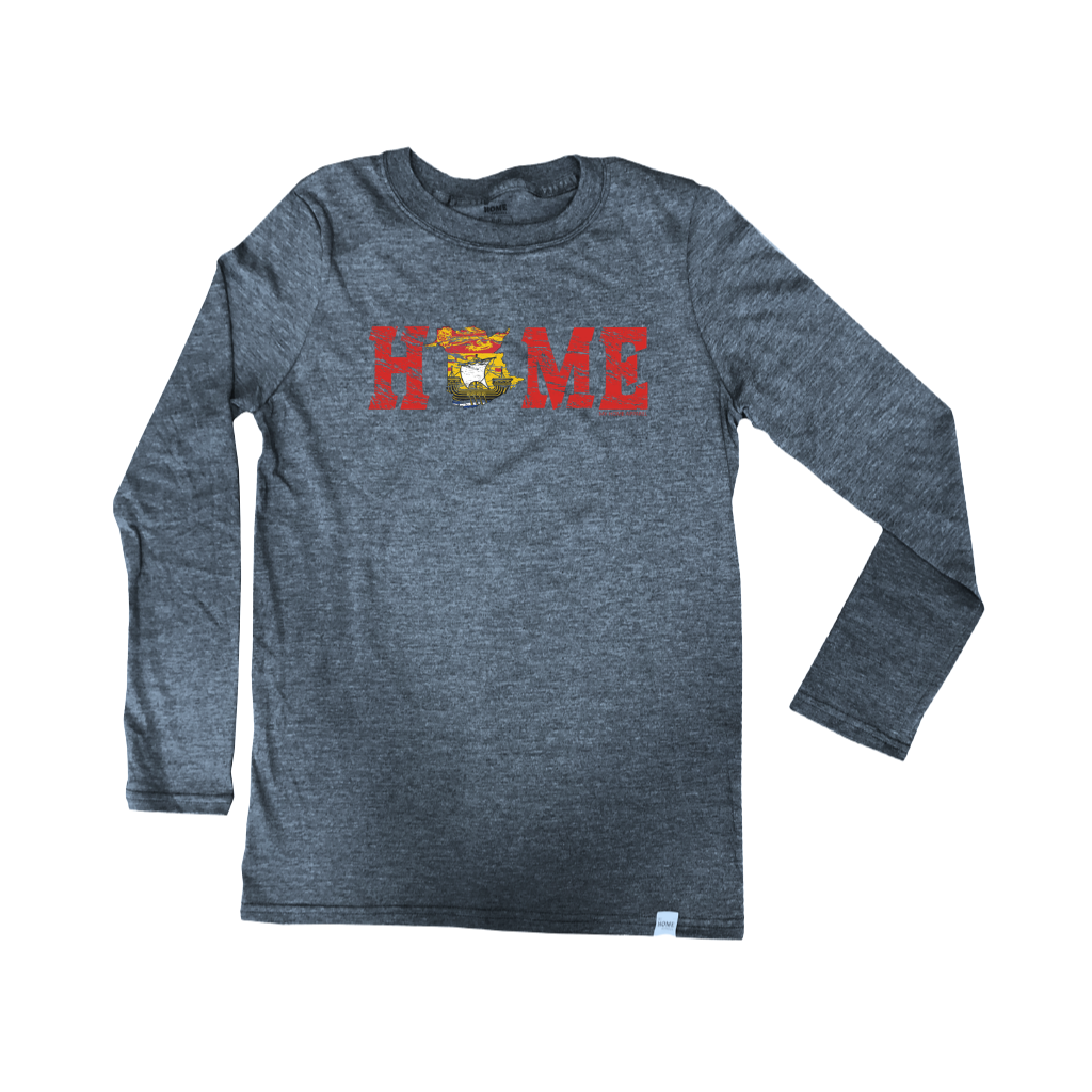 A navy haze long-sleeve t-shirt with a red 'HOME' graphic across the chest, where the 'O' is replaced New Brunswick