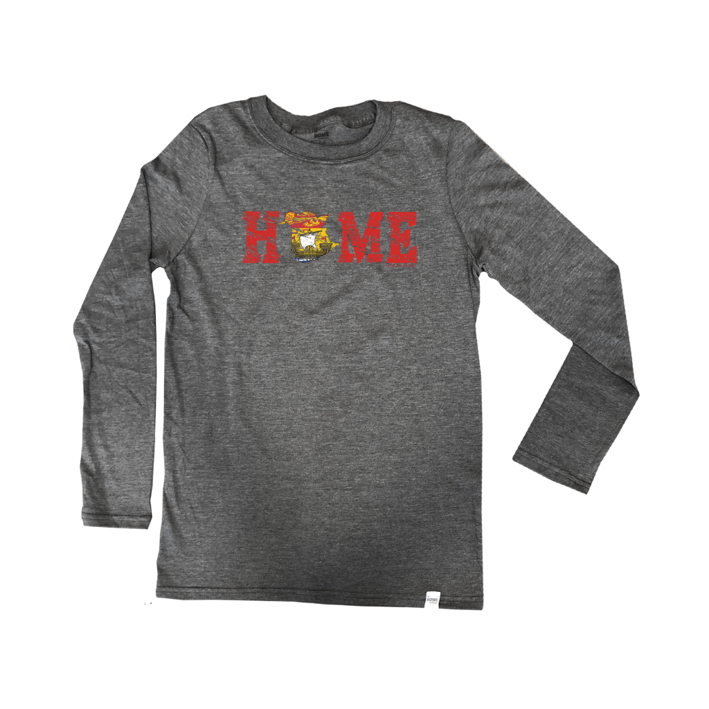 A BLACK HAZE long-sleeve t-shirt with a red 'HOME' graphic across the chest, where the letter 'O' is replaced Outline of New Brunswick