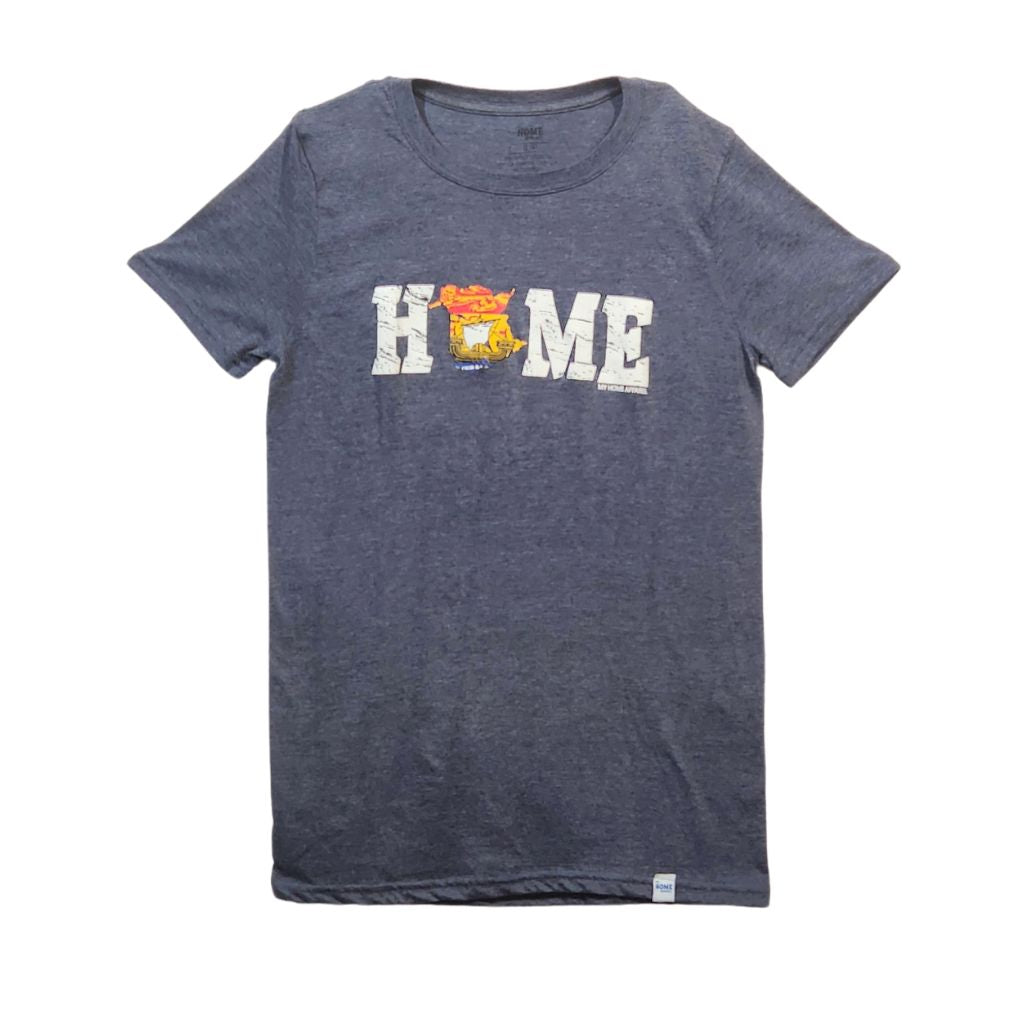 Blue t-shirt with New Brunswick 'HOME' printed on it featuring a graphic of a house, on a white background