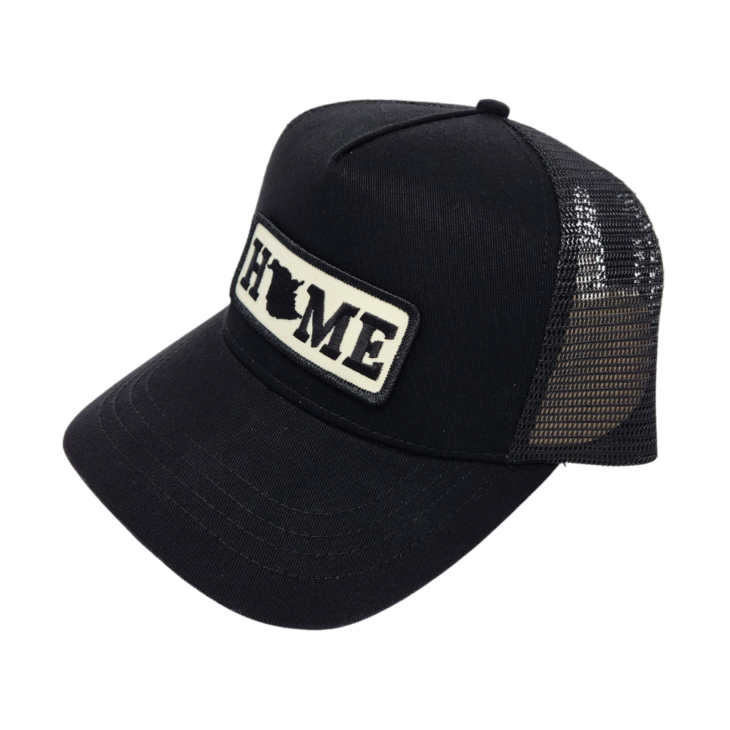 Black trucker cap with a patch that reads New Brunswick 'HOME' on a white background