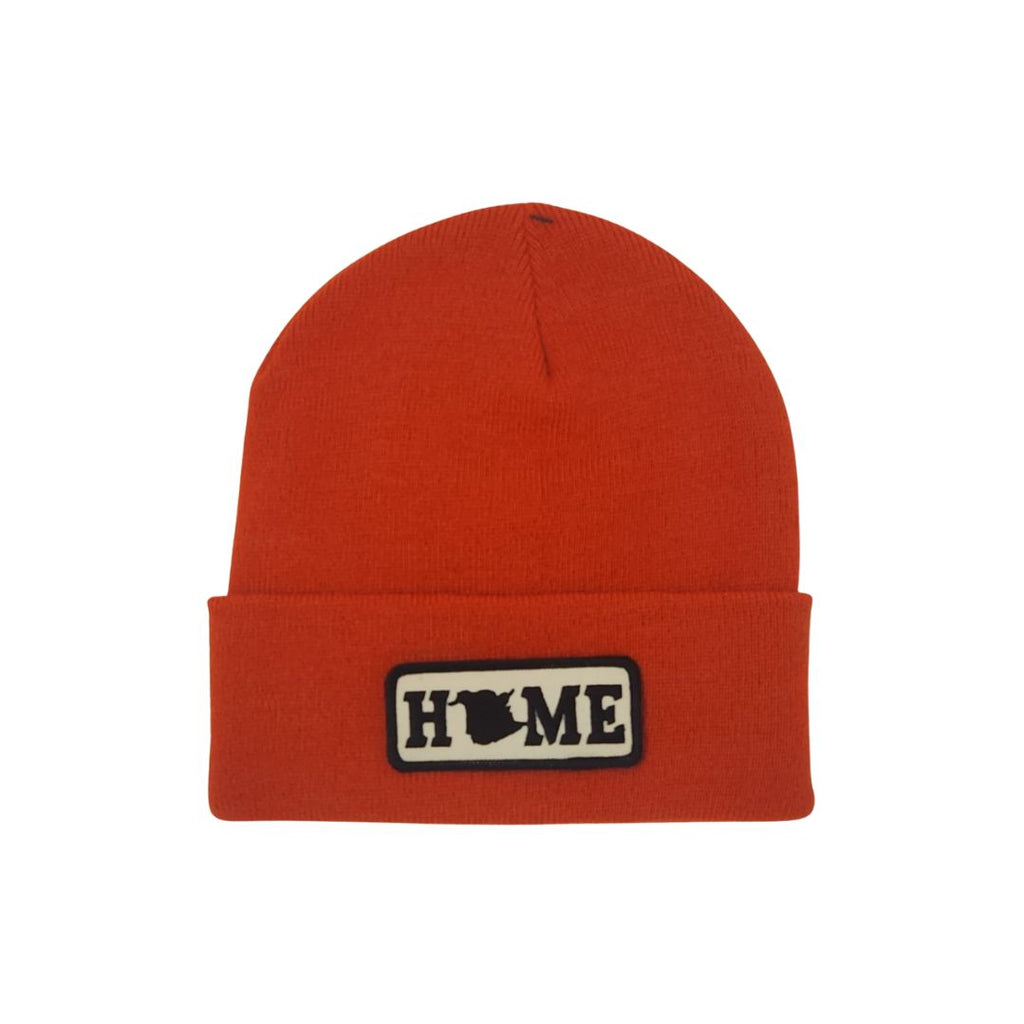 Orange beanie with a New Brunswick 'HOME' patch on a white background