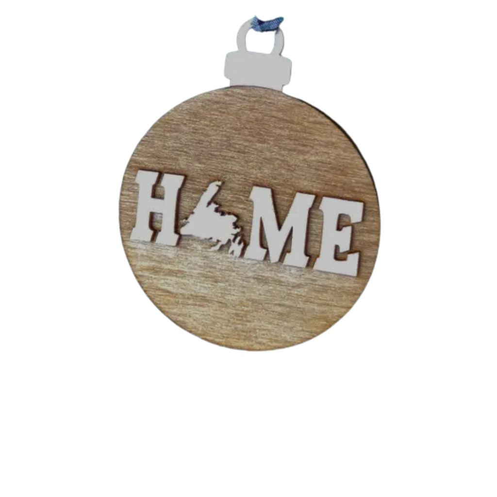 Wooden ornament with Newfoundland 'HOME' cutout on a white background