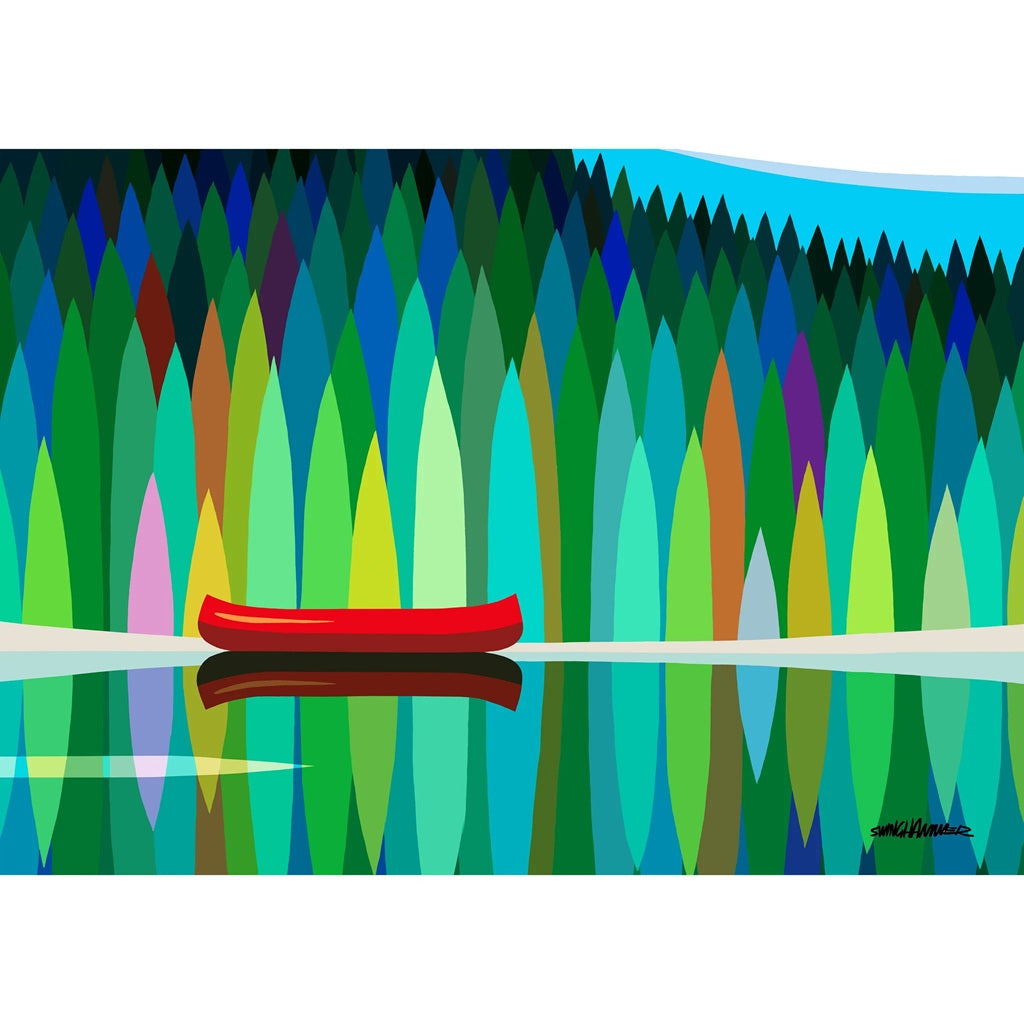 Abstract artwork with a red canoe on water and colorful geometric shapes in the background