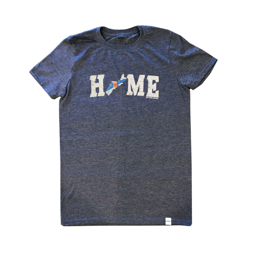 Blue t-shirt with Nova Scotia 'HOME' printed on it against a white background