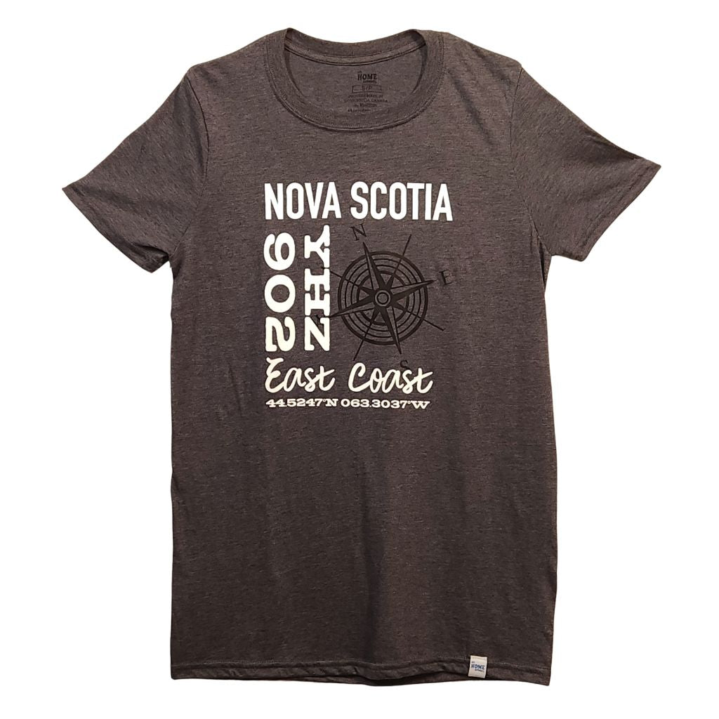 Dark gray t-shirt with white text and graphics on a white background