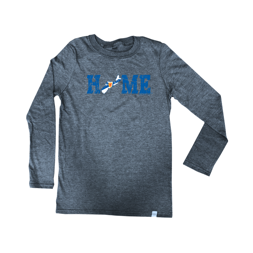 A dark heather gray long-sleeve t-shirt with a blue 'HOME' graphic across the chest featuring Nova Scotia