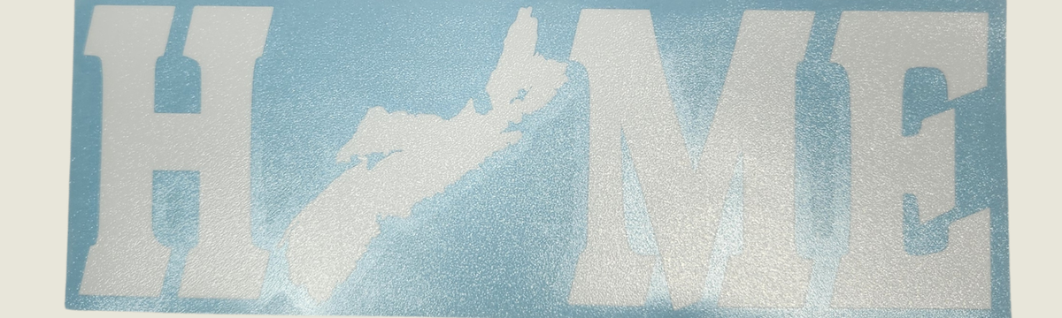 A square graphic print featuring the word 'HOME' in large white block letters over a light blue textured background, with a white silhouette of Nova Scotia