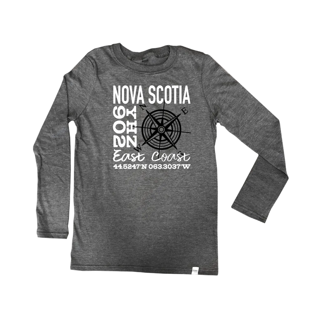 black haze long sleeve t shirt with a Nova Scotia print in white, a compass , coordinates and area code
