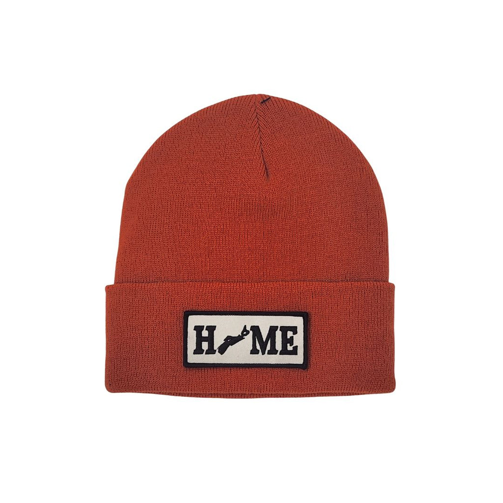 Orange beanie with a Nova Scotia 'HOME' patch on a white background