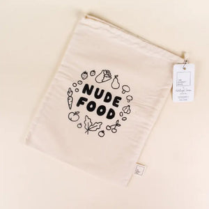 organic cotton bag with circle of fruits and vegetables & Nude Food written in the middle
