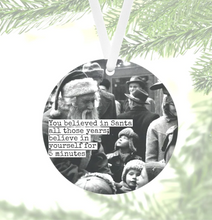 Load image into Gallery viewer, black &amp; white photo, 1950&#39;s, printed on a round ornament, Santa &amp; children with adults in background
